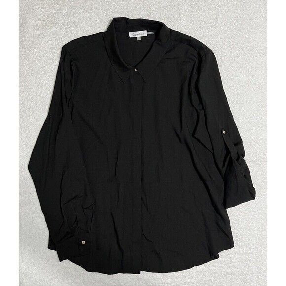 Calvin Klein Layered Blouse Women’s XL Button Up Shirt Black Roll Tab NWOT - Picture 1 of 12